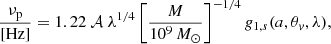 $$ \begin{aligned} \frac{\nu _{\rm p}}{\mathrm{[Hz]} } = 1.22\ {\mathcal{A} }\ \lambda ^{1/4} \left[\frac{M}{10^9\,M_{\odot }} \right]^{-1/4} { g}_{1,s}(a, \theta _{ v}, \lambda ), \end{aligned} $$