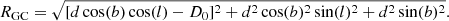 $$ \begin{aligned} {R}_{\mathrm{GC}}=\sqrt{[d \cos (b) \cos (l) - D_0]^2+d^2 \cos (b)^2 \sin (l)^2+d^2 \sin (b)^2}. \end{aligned} $$