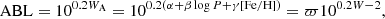 $$ \begin{aligned} \mathrm{ABL}=10^{0.2 W_{\rm A}}=10^{0.2(\alpha +\beta \log P +\gamma [\mathrm{Fe/H}])}=\varpi 10^{0.2W-2} ,\end{aligned} $$