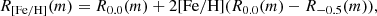 $$ \begin{aligned} R_{\mathrm{[Fe/H]} }(m) = R_{0.0}(m) + 2\mathrm{[Fe/H]} (R_{0.0}(m) - R_{-0.5}(m)), \end{aligned} $$
