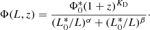 $$ \begin{aligned} \Phi (L, z) = \frac{\Phi ^*_0 (1+z)^{K_{\rm {D}}}}{(L^*_0/L)^{\alpha } + (L^*_0/L)^{\beta }}\cdot \end{aligned} $$