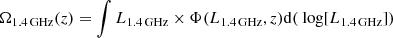 $$ \begin{aligned} \Omega _{\rm {1.4\,GHz}}(z) = \int L_{\rm {1.4\,GHz}} \times \Phi (L_{\rm {1.4\,GHz}}, z)\mathrm{d}(\text{ log}[L_{\rm {1.4\,GHz}}]) \end{aligned} $$