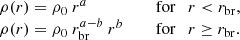 $$ \begin{aligned} \begin{array}{ll} \rho (r) = \rho _0\ r^a&\quad \text{ for} \quad r<r_\mathrm{br} ,\\ \rho (r) = \rho _0\ r_\mathrm{br} ^{a-b}\ r^b&\quad \text{ for} \quad r\ge r_\mathrm{br} . \end{array} \end{aligned} $$