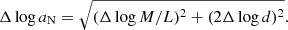 $$ \begin{aligned} \Delta \log a_\mathrm{N} = \sqrt{(\Delta \log M/L)^2+(2\Delta \log d)^2}. \end{aligned} $$