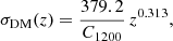 $$ \begin{aligned} \sigma _{\rm DM}(z) = \frac{379.2 }{C_{1200}} \, z^{0.313} , \end{aligned} $$
