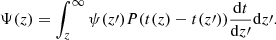 $$ \begin{aligned} \Psi (z) = \int _z^\infty \psi (z\prime )P(t(z)-t(z\prime )) \frac{\mathrm{d}t}{\mathrm{d}z\prime }\mathrm{d}z\prime . \end{aligned} $$