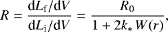 \begin{equation*} R = \frac{\textrm{d}L_{\textrm{f}}/\textrm{d}V}{\textrm{d}L_{\textrm{i}}/\textrm{d}V} = \frac{R_0}{1&#x002B;2k_{\ast}\,W(r)},\end{equation*}