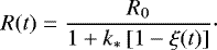 \begin{equation*} R(t) = \frac{R_0}{1&#x002B;k_{\ast}\,[1-\xi(t)]}\cdot \end{equation*}