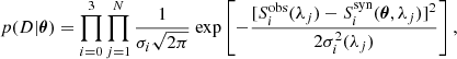 $$ \begin{aligned} p(D|{\boldsymbol{\theta }}) = \prod \limits _{i=0}^3 \prod \limits _{j=1}^N \frac{1}{\sigma _i\sqrt{2\pi }} \text{ exp} \left[ -\frac{ [S_i^\mathrm{obs} (\lambda _j) - S_i^\mathrm{syn} ({\boldsymbol{\theta }},\lambda _j) ]^2}{{2}\sigma _i^2(\lambda _j)} \right], \end{aligned} $$