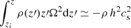 $$ \begin{aligned} \int _{z_i}^{z} \rho (z\prime ) z\prime \Omega ^2 \mathrm{d}z\prime \simeq -\rho \,h^2 c_{\rm s}^2 \end{aligned} $$