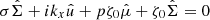 $$ \begin{aligned} \sigma \hat{\Sigma }+ ik_x \hat{u} + p \zeta _0 \hat{\mu } + \zeta _0 \hat{\Sigma }=0 \end{aligned} $$