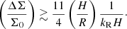 $$ \begin{aligned} \left(\dfrac{ \Delta \Sigma }{\Sigma _0} \right) \gtrsim \dfrac{11}{4} \left( \dfrac{H}{R} \right) \frac{1}{ k_{\rm R} H}\cdot \end{aligned} $$