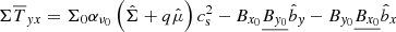 $$ \begin{aligned} \Sigma \overline{T}_{{ y}x}= \Sigma _0 \alpha _{\nu _0}\left(\hat{\Sigma }+ q \hat{\mu }\right) c_{\rm s}^2 - B_{x_0} \underline{B_{{ y}_0}} \hat{b}_{ y} - B_{{ y}_0}\underline{ B_{x_0} }\hat{b}_x \end{aligned} $$