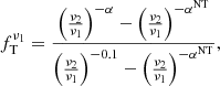 $$ \begin{aligned} f_{\rm T}^{\nu _1} = \frac{ \left(\frac{\nu _2}{\nu _1}\right)^{-\alpha } - \left(\frac{\nu _2}{\nu _1}\right)^{-\alpha ^\mathrm{NT} } }{ \left(\frac{\nu _2}{\nu _1}\right)^{-0.1} - \left(\frac{\nu _2}{\nu _1}\right)^{-\alpha ^\mathrm{NT} } }, \end{aligned} $$