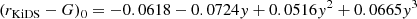 $$ \begin{aligned} (r_{\rm KiDS}-G)_0= -0.0618 - 0.0724 y + 0.0516 y^2 + 0.0665 y^3 \end{aligned} $$