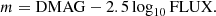 $$ \begin{aligned} m=\mathrm{DMAG}-2.5 \log _{10} \mathrm{FLUX} . \end{aligned} $$