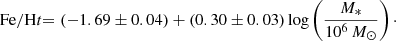 $$ \begin{aligned}[\mathrm{Fe/H} ] = (-1.69 \pm 0.04) + (0.30 \pm 0.03)\, \mathrm{log} \left(\frac{M_*}{10^6\,M_\odot }\right)\cdot \end{aligned} $$