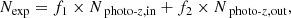 $$ \begin{aligned} N_{\rm exp} = f_1 \times N_{\text{ photo-}z, \mathrm{in}} + f_2 \times N_{\text{ photo-}z, \mathrm{out}}, \end{aligned} $$