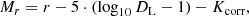 $$ \begin{aligned} M_r = r - 5 \cdot (\log _{10} D_{\rm L} -1) - K_{\rm corr}, \end{aligned} $$