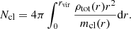 $$ \begin{aligned} N_{\mathrm{cl}}=4\pi \int ^{r_{\mathrm{vir}}}_{0}\frac{\rho _{\mathrm{tot}}(r)r^2}{m_{\mathrm{cl}}(r)}\mathrm{d}r. \end{aligned} $$