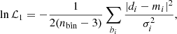 $$ \begin{aligned} \ln \mathcal{L} _1=-\frac{1}{2(n_{\mathrm{bin}}-3)}\sum \limits _{b_i}\frac{\left|d_i-m_i\right|^2}{\sigma _i^2}, \end{aligned} $$