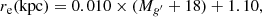$$ \begin{aligned} r_{\rm e}(\mathrm{kpc})&= 0.010\times (M_{g^{\prime }}+18)+ 1.10,\end{aligned} $$