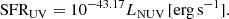 $$ \begin{aligned} \mathrm{SFR_{UV}}= 10^{-43.17} L_{\rm NUV} \, [\mathrm{erg\, s^{-1}}]. \end{aligned} $$