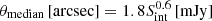$ \theta_{\mathrm{median}}\,[\mathrm{arcsec}]=1.8 S_{\mathrm{int}}^{0.6} \, [\mathrm{mJy}] $