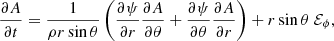 $$ \begin{aligned} \frac{\partial A}{\partial t} = \frac{1}{\rho r\sin \theta } \left(\frac{\partial \psi }{\partial r}\frac{\partial A}{\partial \theta } + \frac{\partial \psi }{\partial \theta }\frac{\partial A}{\partial r}\right) + r\sin \theta \ {\mathcal{E} }_\phi , \end{aligned} $$
