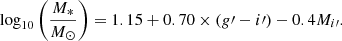 $$ \begin{aligned} \log _{10} \left( \frac{M_{*}}{M_{\odot }}\right) = 1.15 + 0.70\times ({g}\prime -i\prime ) - 0.4M_{i\prime }. \end{aligned} $$
