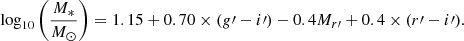 $$ \begin{aligned} \log _{10} \left( \frac{{M}_{*}}{{M}_{\odot }}\right) = 1.15 + 0.70\times ({g}\prime -i\prime ) - 0.4{M}_{r\prime } + 0.4\times (r\prime -i\prime ). \end{aligned} $$