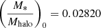 $ \left(\frac{M_*}{M_{\mathrm{halo}}}\right)_0 = 0.02820 $