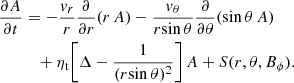 $$ \begin{aligned} \frac{\partial A}{\partial t}&= -\frac{{v}_r}{r} \frac{\partial }{\partial r}(r\,A) - \frac{{v}_\theta }{r\mathrm{sin}\,\theta } \frac{\partial }{\partial \theta }(\mathrm{sin}\,\theta \,A) \\ \nonumber&\quad + \eta _{\rm t} \Bigg [\Delta -\frac{1}{(r\mathrm{sin}\,\theta )^2}\Bigg ]\,A+S(r,\theta ,B_{\phi }). \end{aligned} $$