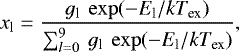\begin{equation*} x_{\textrm{l}} = \frac{g_{\textrm{l}} \: \exp(-E_{\textrm{l}}/kT_{\textrm{ex}})}{\sum_{l=0}^{9} \: g_{\textrm{l}} \: \exp(-E_{\textrm{l}}/kT_{\textrm{ex}})},\end{equation*}