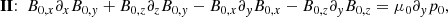 $$ \begin{aligned} \mathbf{II }{:~} B_{0,x} \partial _x B_{0,{ y}} + B_{0,z} \partial _z B_{0,{ y}} -B_{0,x} \partial _{ y} B_{0,x}-B_{0,z} \partial _{ y} B_{0,z} = \mu _0 \partial _{ y} p_0, \end{aligned} $$