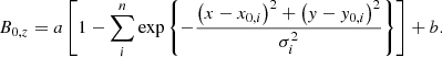 $$ \begin{aligned} B_{0,z}=a \left[ 1-\mathop \sum \limits _i^n{\exp \left\{ - \frac{ \left( x-x_{0,i} \right) ^2+ \left( { y}-{ y}_{0,i} \right) ^2}{\sigma _i^2} \right\} } \right] +b. \end{aligned} $$