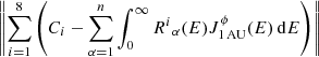 $$ \begin{aligned} \left\Vert\sum \limits _{i=1}^{8} \left(C_i - \sum \limits _{\alpha = 1}^{n} \int _{0}^\infty R{^i}_\alpha (E) J_{\rm 1\,AU}^\phi (E)\, \mathrm{d}E\right) \right\Vert \end{aligned} $$
