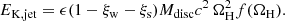$$ \begin{aligned} E_\mathrm{K,jet} = \epsilon (1-\xi _\mathrm{w} -\xi _\mathrm{s} )M_\mathrm{disc} c^2\,\Omega _\mathrm{H} ^2 f(\Omega _\mathrm{H} ). \end{aligned} $$