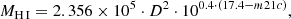 $$ \begin{aligned} M_{{\text{H}}\,{\textsc{I}}}=2.356 \times 10^5 \cdot D^2 \cdot 10^{0.4 \cdot (17.4-m21c)}, \end{aligned} $$