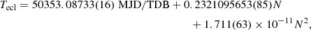 $$ \begin{aligned} T_{\rm ecl}= 50353.08733(16) \; \mathrm{MJD/TDB} + 0&.2321095653(85) N \nonumber \\&+ 1.711(63)\times 10^{-11} N^2, \end{aligned} $$