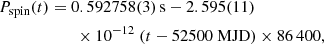 $$ \begin{aligned} P_{\rm spin}(t)&= 0.592758(3)\,\mathrm{s}- 2.595(11) \nonumber \\&\qquad \times 10^{-12} \ (t -52500 \ \mathrm{MJD}) \times 86\,400, \end{aligned} $$