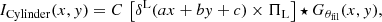 $$ \begin{aligned} I_{\rm Cylinder}(x, { y}) = C\,\left[\delta ^\mathrm{L}(ax+b{ y}+c)\times \Pi _{\rm L}\right] \star G_{\theta _{\mathrm{fil}}}(x,{ y}), \end{aligned} $$