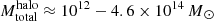 $ M_\mathrm{{total}}^{\mathrm{halo}} \approx 10^{12} - 4.6 \times 10^{14} \, {M}{_{\odot}} $