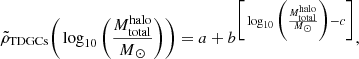 $$ \begin{aligned} \tilde{\rho }_{\rm {TDGCs}} \bigg ( \log _{10} \bigg ( \frac{M_{\rm {total}}^{\mathrm{halo} }}{{M}{_{\odot }}} \bigg ) \bigg ) = a + b ^{\bigg [ \log _{10} \bigg ( \frac{M_{\rm {total}}^{\mathrm{halo} }}{{M}{_{\odot }}} \bigg ) - c \bigg ]}, \end{aligned} $$