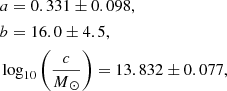 $$ \begin{aligned}&a = 0.331 \pm 0.098, \\&b = 16.0 \pm 4.5, \\&\log _{10} \bigg ( \frac{c}{{M}{_{\odot }}} \bigg ) = 13.832 \pm 0.077, \end{aligned} $$
