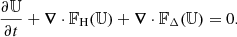 $$ \begin{aligned} \frac{\partial \mathbb{U} }{\partial t} +{\boldsymbol{\nabla }} \cdot \mathbb{F} _{\mathrm{H} } (\mathbb{U} )+{\boldsymbol{\nabla }} \cdot \mathbb{F} _{\Delta } (\mathbb{U} )= 0. \end{aligned} $$
