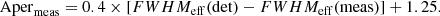 $$ \begin{aligned} \mathrm{Aper}_{\rm meas}=0.4 \times [FWHM_{\rm eff}(\det )-FWHM_{\rm eff}(\mathrm{meas})]+1.25. \end{aligned} $$