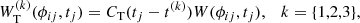 $$ \begin{aligned} W_{\rm T}^{(k)}(\phi _{ij}, t_j) = C_{\rm T}(t_j-t^{(k)}) W(\phi _{ij}, t_j), \quad k=\{1,2,3\}, \end{aligned} $$