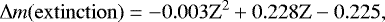 \begin{equation*}\Delta m(\rm extinction)= -0.003{Z}^2 &#x002B; 0.228{Z} - 0.225, \vspace*{-2pt}\end{equation*}