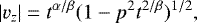 \begin{equation*} |v_z|= t^{\alpha/\beta}{(1-p^2t^{2/\beta})^{1/2}}, \end{equation*}